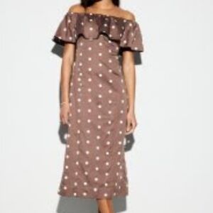 Brown Polka Dot Off-Shoulder Dress